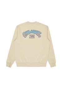 Beżowa bluza z okrągłym dekoltem, z ribbowymi mankietami i dołem. Z tyłu znajduje się wielokolorowy graficzny napis w niebieskim i różowym kolorze o falistym kształcie.