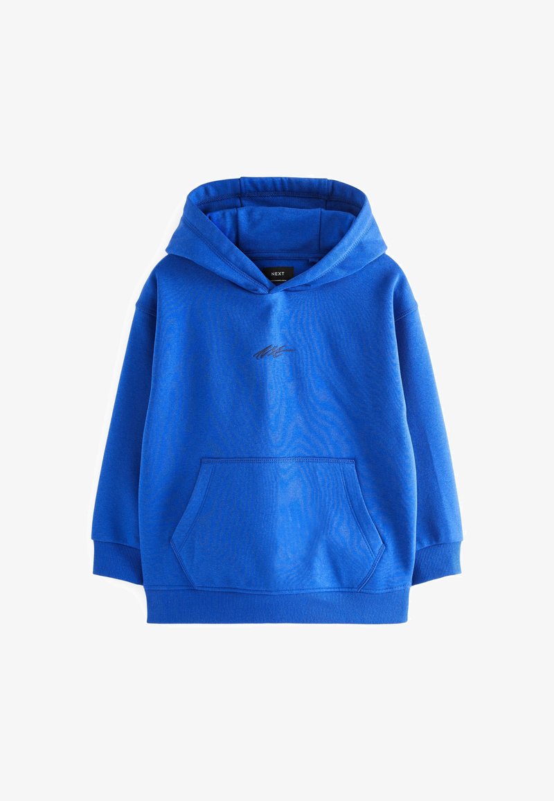 Sweat à capuche bleu vif avec poche kangourou à l'avant et petit logo noir brodé sur la poitrine, présenté sur fond blanc.