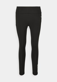 Czarne legginsy sportowe wykonane z elastycznego materiału, z wysokim stanem, aerodynamicznym krojem oraz małym logo z boku.