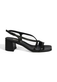 Schwarze Absatzsandalen mit quadratischer Zehenpartie, eleganten Lederriemen, Knöchelriemen mit Schnalle und Blockabsatzdesign für Stabilität.