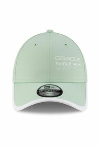 Adjustable cap featuring a light green fabric with a white visor. Displays "Oracle Red Bull Racing" in white text. Rounded crown design.