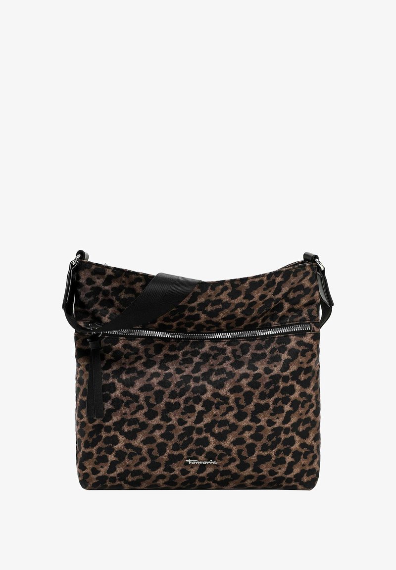 Schultertasche mit Leopardenmuster aus braunem und schwarzem Stoff, mit einem Reißverschlussoberen, stabilen schwarzen Träger und einer glatten Textur.