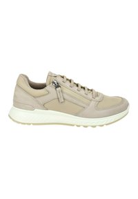 Beige athletic sneaker with a smooth leather and mesh upper, lace-up design, side zipper, and a textured white rubber sole.
