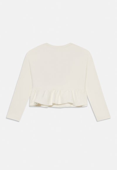 Maglietta a maniche lunghe color crema con orlo arricciato. Realizzata in morbido tessuto, presenta un collo rotondo e un design pulito e semplice.