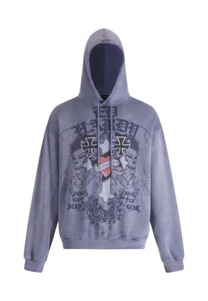 Sudadera morada con un gráfico de una cruz, dos calaveras, rosas y el texto "Los Ángeles" y "Los Punks No Están Muertos".