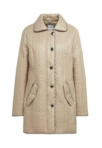 Beige gesteppte Jacke mit glänzender Oberfläche, ausgestattet mit einem Reverskragen, sechs Knöpfen und zwei seitlichen Reißverschlusstaschen.