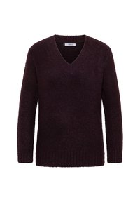 Bordeaux V-hals trui van zacht, textuurstof, met lange mouwen en geribbelde zoom. Heeft een relaxte pasvorm en minimale details.