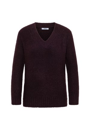 Burgunder v-hals sweater lavet af blødt, tekstureret stof, med lange ærmer og ribbet kant. Funktioner en afslappet pasform og minimal detaljer.