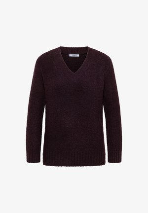 Bordowy sweter z dekoltem w serek, wykonany z miękkiej, fakturowanej tkaniny, z długimi rękawami i prążkowanym wykończeniem. Charakteryzuje się luźnym krojem i minimalistycznymi detalami.