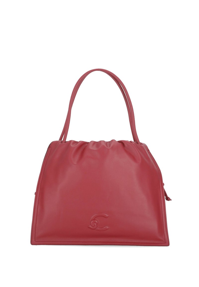 Borsa a tracolla rossa in pelle con parte superiore arricciata, duplice manico e dettaglio logo impresso. Texture liscia e silhouette strutturata.