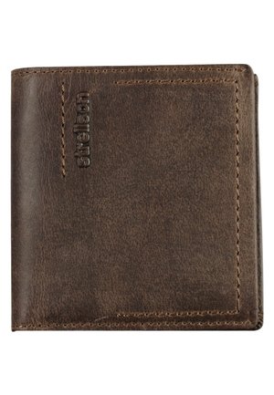 Portafoglio pieghevole in pelle marrone con cuciture a vista e logo "Strellson" impresso sul lato sinistro anteriore.