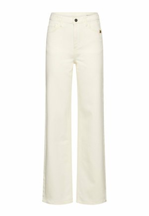 Crèmekleurige jeans met rechte pijpen en een hoge taille, voorzien van een knoopsluiting aan de voorkant en zakken, getoond tegen een witte achtergrond.