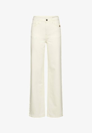 Højttaljede cremefarvede jeans med lige ben, forrest med knap og lommer, vist mod en hvid baggrund.