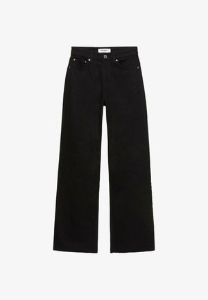 Crne široke traperice od pamuka, s visokim strukom, dva prednja džepa, metalnim kopčanjem na gumb i vidljivim detaljima šavova.