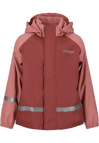 Waterafstotende jas in diep rood en roze. Voorzien van een capuchon, elastische manchetten en zilveren reflecterende strepen op het lichaam en de mouwen.