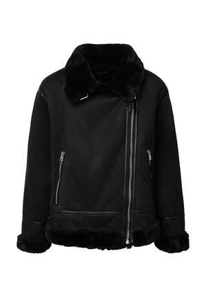 Veste aviateur noire avec col en shearling, poignets et ourlet, dotée d'une fermeture éclair argentée décentrée et de poches latérales zippées.