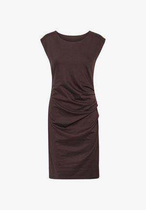 Robe marron à manches courtes avec un col rond. Présente des détails drapés sur le côté, fabriquée à partir d'un tissu lisse et extensible.