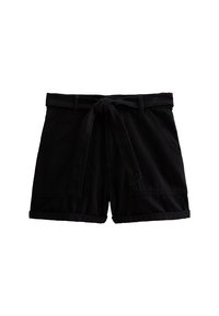 Black denim shorts with a belted waist, two side pockets, and rolled cuffs. The fabric has a smooth texture and sturdy design.