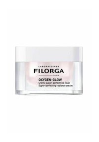 Filorga OXYGEN-GLOW cream in a transparent jar with a white lid. The text features black branding and product details on the front.