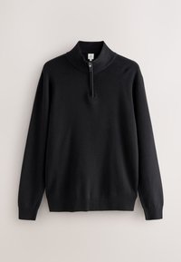 Maglione nero a maniche lunghe con collo alto a coste e chiusura frontale con cerniera corta.