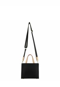 Schwarze Tasche aus strukturiertem Leder mit rechteckiger Form, ausgestattet mit einem Tragegriff oben und einem verstellbaren Schulterriemen, verziert mit hellfarbigen Beschlägen.