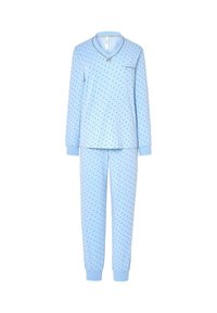 Conjunto de pijama de manga larga azul claro con lunares oscuros, parte superior de cuello en V con un pequeño lazo y bolsillo en el pecho, pantalones con puños a juego.