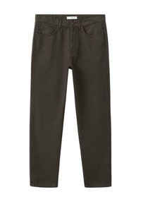 Pantalones ajustados de color gris oscuro hechos de algodón. Cuentan con bolsillos estándar y cierre de botones. Textura suave con detalles de costura sutiles.