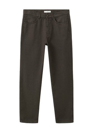 Pantaloni grigio scuro, aderenti, realizzati in cotone. Presentano tasche standard e chiusura con bottone. Tessuto liscio con sottili dettagli di cucitura.