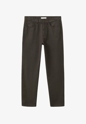 Donkergrijze, slim-fit broek van katoen. Voorzien van standaardzakken en een knoopsluiting. Gladde textuur met subtiele stikseldetails.