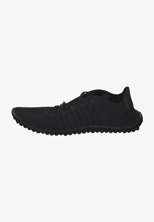 Black athletic shoes with a breathable knit upper, featuring a streamlined design, lace-up closure, and textured rubber outsole with small grips.