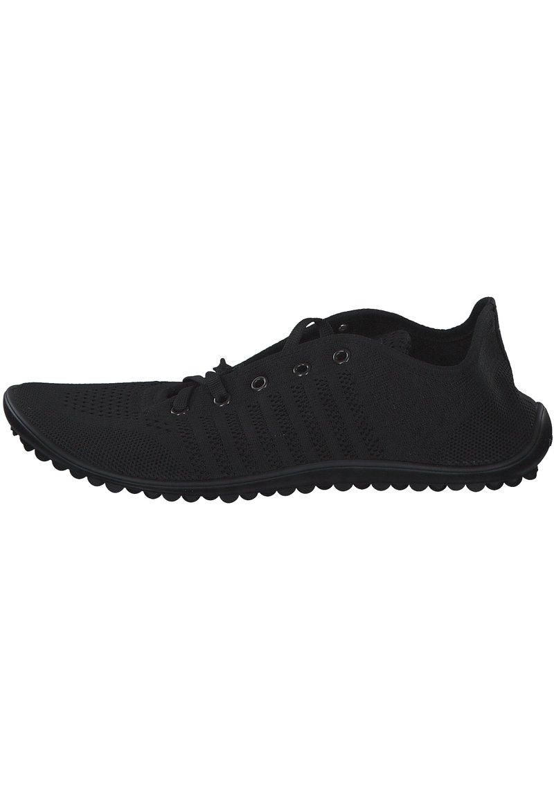 Black athletic shoes with a breathable knit upper, featuring a streamlined design, lace-up closure, and textured rubber outsole with small grips.