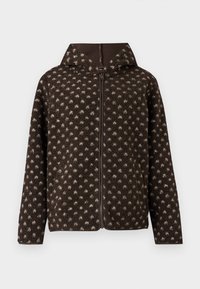 Brązowa kurtka z polaru w wzory, zapinana na zamek, z kapturem i miękką teksturą. Posiada jasne kropki na całej powierzchni oraz jednolitą brązową podszewkę.