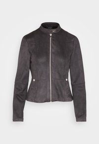 Giacca in suede grigio scuro con design aderente, pannelli testurizzati, colletto alto, chiusura con zip e dettagli in metallo argentato.