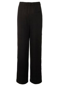 Schwarza byxor med en vid bendesign, tillverkade av ett mjukt tyg, försedda med ett elastiskt midjeband och en enda bakficka.