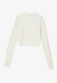 Weißes langärmeliges geripptes Crop-Top mit rundem Halsausschnitt und dezenten vertikalen wellenförmigen Nahtdetails an den Ärmeln und vorne.