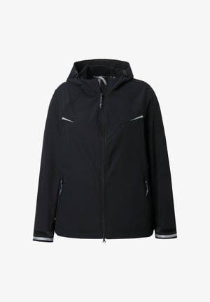 Veste softshell noire avec capuche, dotée d'une fermeture éclair frontale, de deux poches latérales et d'accents réfléchissants sur les manches pour la visibilité.