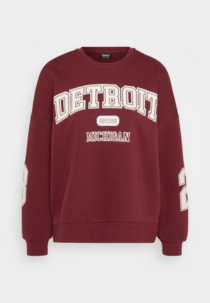 Sweatshirt bordeaux com o texto branco "DETROIT" e "MICHIGAN", ano de fundação "EST. 1701" e o número "28" na manga. Tecido suave, punhos canelados.