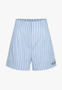 Jasnoniebieskie szorty w paski z plisowanym przodem, wykonane z gładkiego materiału. Posiadają szyty dół oraz boczną metkę.