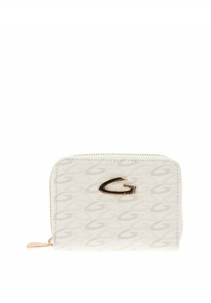 Piccolo portafoglio beige con motivo testurizzato, cerniera dorata e logo "G" stilizzato in oro al centro frontale.