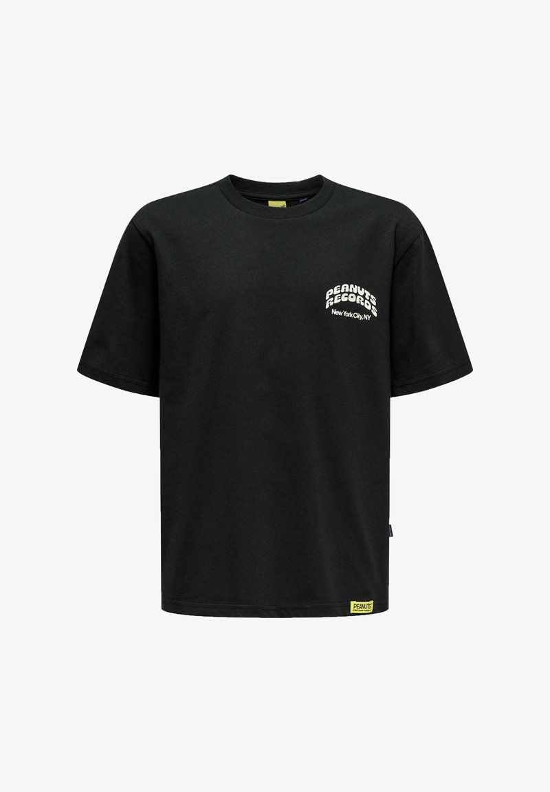 T-shirt noir à manches courtes avec le texte "Peanuts Records New York City, NY" sur la poitrine et une petite étiquette jaune Peanuts près de l'ourlet.