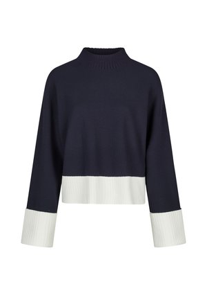 Marineblauer, kurz geschnittener Pullover mit weißen, gerippten Bündchen an Ärmeln und Bund, hoher Rundhalsausschnitt und langen Ärmeln.