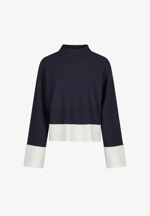 Marineblauer, kurz geschnittener Pullover mit weißen, gerippten Bündchen an Ärmeln und Bund, hoher Rundhalsausschnitt und langen Ärmeln.