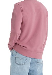 Rosa sweatshirt med rund hals, mjukt bomullsmaterial och ribbade muddar. I kombination med ljusblå denimshorts.