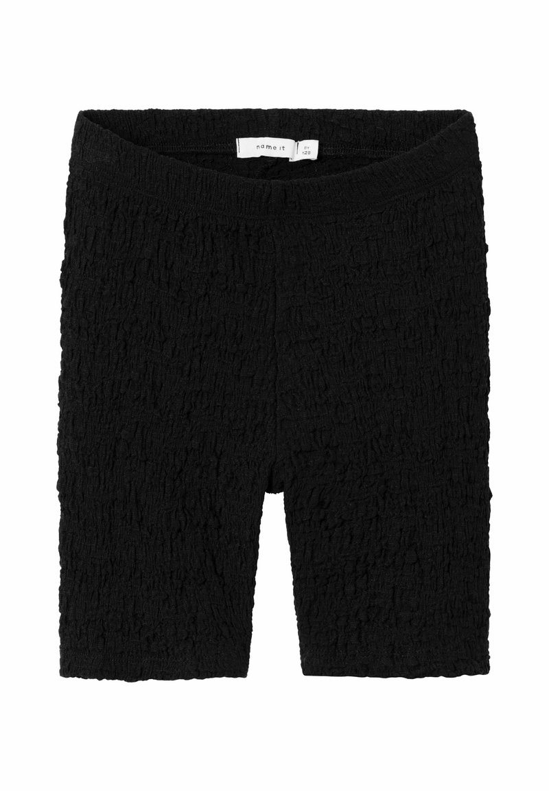 Črne teksturirane kolesarske hlače z nagubanim vzorcem, ki imajo visok pas in elastičen pas za tesno prileganje.