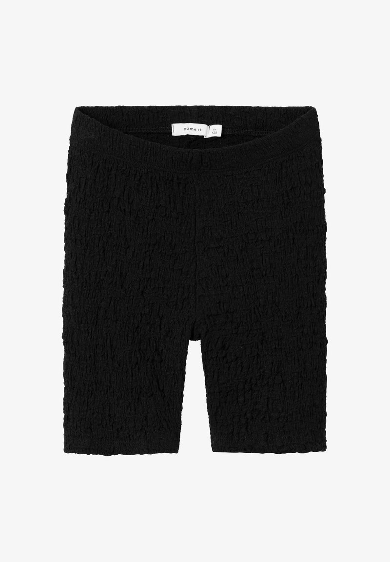 Černé texturované cyklistické kraťasy s mačkaným vzorem, s vysokým pasem a elastickým pasem pro těsný fit.