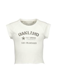 White cropped t-shirt made of soft fabric featuring gray printed text: "OAKLAND BAY BRIDGE SAN FRANCISCO" with a star design. Short sleeves.