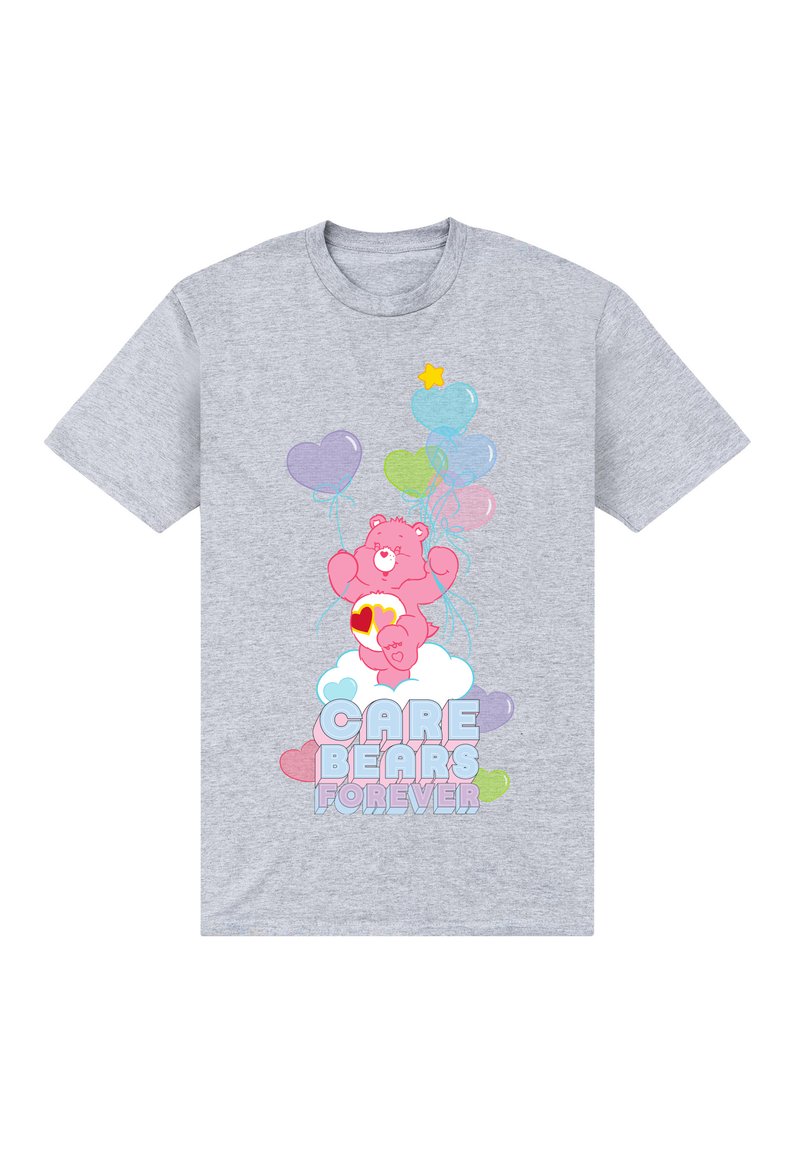 Šedé bavlněné tričko s růžovým medvědem, který drží barevné balónky, obklopený pastelovými srdíčky a mraky, s textem "CARE BEARS FOREVER."