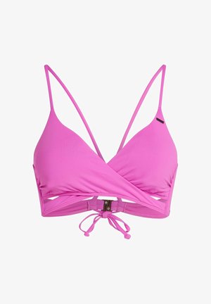 Haut de bikini triangle rose avec fines bretelles réglables, design cache-cœur, et fermeture à clip. Détail noué à l'arrière. Texture lisse.