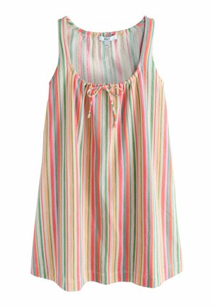 Top sin mangas de corte holgado con rayas verticales en tonos pastel de rosa, naranja, verde y blanco, con cuello redondo y un pequeño lazo delantero.