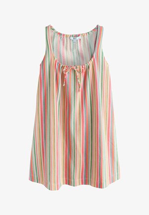 Sleeveless loose-fit top with vertical stripes in pastel shades of pink, orange, green, and white, featuring a round neckline with a small front tie.